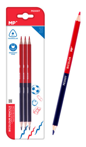 MP ξυλομπογιά με διπλή μύτη PE305T, 3mm μύτη, τρίγωνο, μπλε/κόκκινο, 3τμχ
