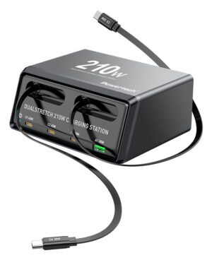 POWERTECH σταθμός φόρτισης PT-1623, USB/3x USB-C/2x USB-C καλώδια, GaN, 160W, μαύρος