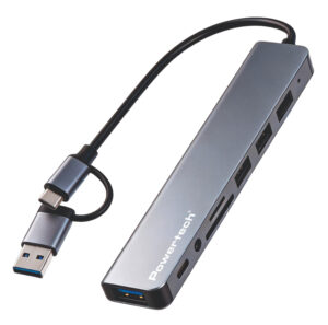 POWERTECH USB hub PTR-0205 με card reader, 8 θυρών, USB & USB-C σύνδεση, γκρι