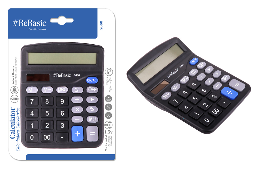 BEBASIC αριθμομηχανή S060, ηλιακό & μπαταρίας, 12 ψηφία, μαύρη